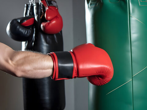 El brazo de un boxeador con guantes rojos, golpeando una bolsa de boxeo verde
