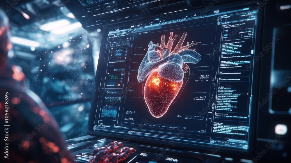 Fototapete A glowing, detailed 3D model of a human heart is shown on a sleek computer interface in a modern lab. Surrounding data and holographic elements enhance the high-tech atmosphere of the workspace.