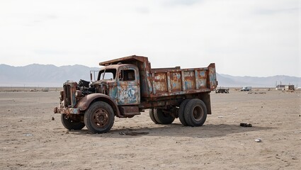 Obraz premium Rusty dump truck in barren lot with mountains in background