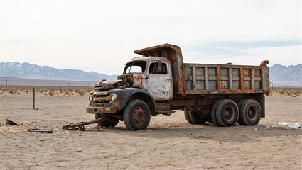 Obraz premium Rusty dump truck in barren lot with mountains in background