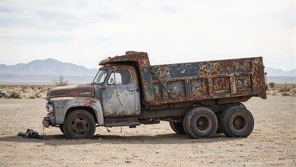 Obraz premium Rusty dump truck in barren lot with mountains in background