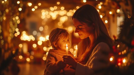 A heartwarming scene of a mother and child sharing a peaceful moment, holding candles together amidst festive holiday lights, symbolizing warmth, love, and the joy of togetherness