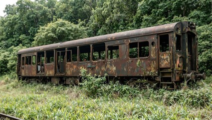 Obraz premium Abandoned train car reclaimed by nature overgrown with moss and surrounded by wilderness