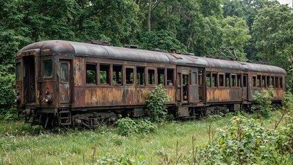 Obraz premium Abandoned train car reclaimed by nature overgrown with moss and surrounded by wilderness
