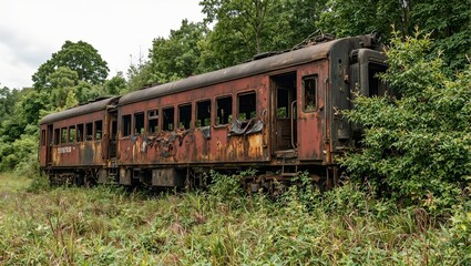 Fototapeta premium Abandoned train car reclaimed by nature overgrown with moss and surrounded by wilderness