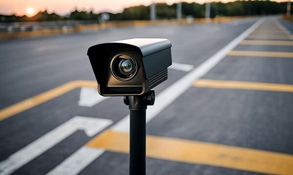 Automatic barrier with camera in a parking lot.