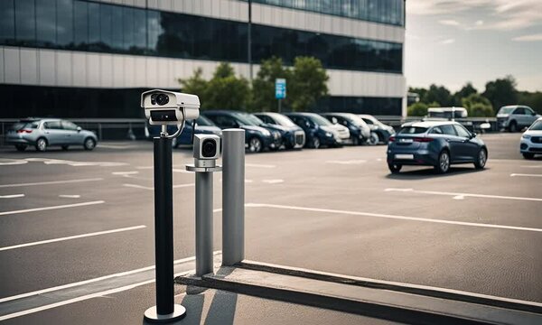 Automatic barrier with camera in a parking lot.
