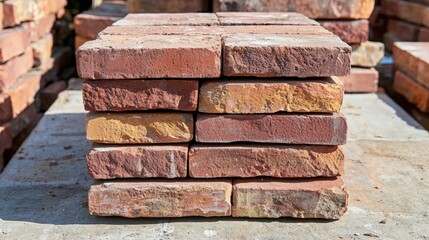Stacked red bricks ready for construction on a sunny day at a building site