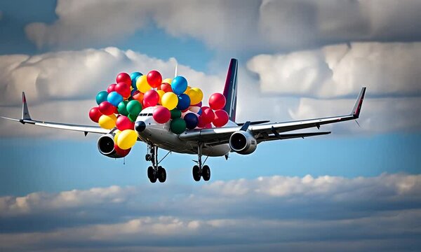 Balloons on a plane. Birthday celebration.