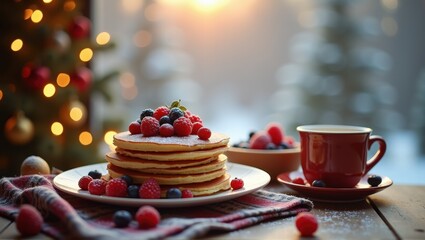 Fototapeta premium Cozy winter breakfast scene with pancakes, berries, candles, and a snowy view. Generative, AI,