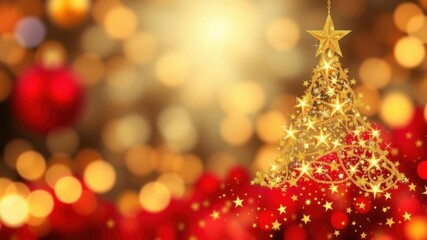 Christmas stars tree golden shining on red bokeh abstract background, stars, shiny