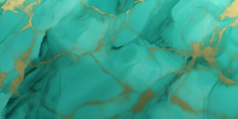 Fototapeta premium 抽象横長背景。ターコイズグリーンと金色の大理石風の壁の表面