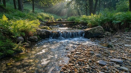   A meandering river flows through a verdant landscape adorned with numerous boulders and foliage, near a modest wooden bridge