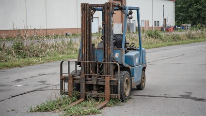 Abandoned forklift with faded blue frame and rusted forks in neglected warehouse lot