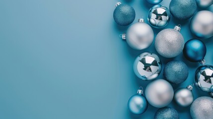 Blue and Silver Christmas Ornaments on a Blue Background