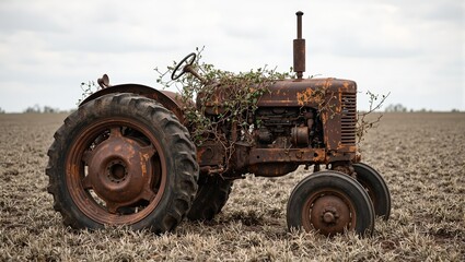 Abandoned rusty tractor in dusty field with flaking metal deflated tires and vines on steering wheel