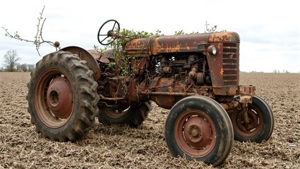 Abandoned rusty tractor in dusty field with flaking metal deflated tires and vines on steering wheel