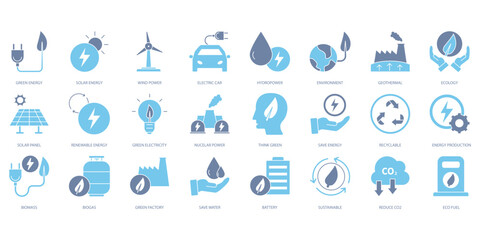Green energy icons set. Set of editable stroke icons.Set of Green energy