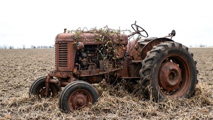 Abandoned rusty tractor in dusty field with flaking metal deflated tires and vines on steering wheel