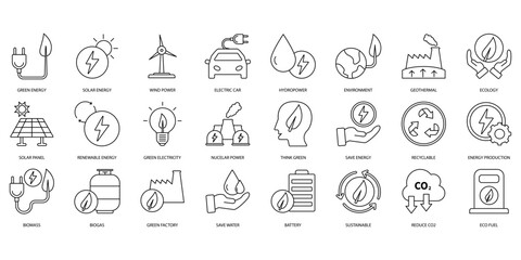 Green energy icons set. Set of editable stroke icons.Set of Green energy