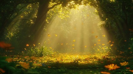 Obraz premium Sunbeams illuminate a magical forest path, with falling leaves and a carpet of autumn foliage.