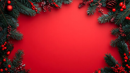 Obraz premium Festive border on a bright red background, perfect for seasonal greetings with space for text. high quality