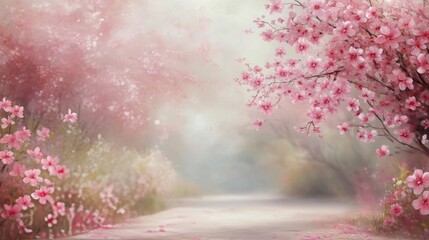 Delicate cherry blossoms lining a serene, misty path during early spring in a tranquil setting