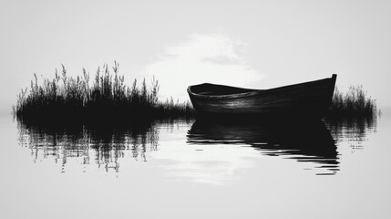 Wooden rowboat floating in still lake waters, calm reflection of surrounding plants, minimalist landscape scene with peaceful nature atmosphere, black and white, serene outdoor setting