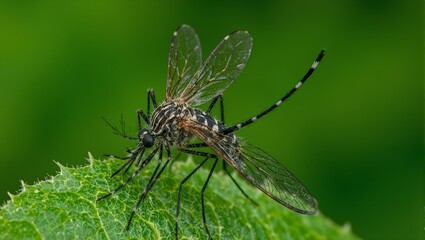 Fototapeta premium Macro shot of a mosquito on a leaf showcasing detailed proboscis and wings