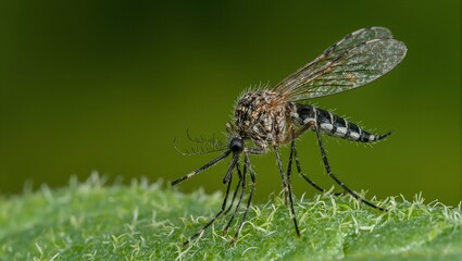 Macro shot of a mosquito on a leaf showcasing detailed proboscis and wings