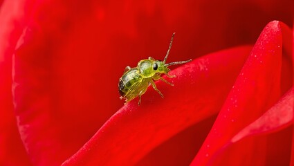 Macro shot of green aphid on red rose petal delicate features and translucent body glowing in light