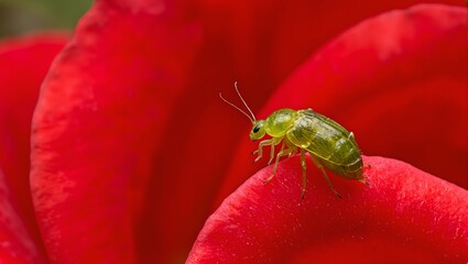 Macro shot of green aphid on red rose petal delicate features and translucent body glowing in light