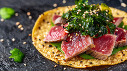 Tuna Tartare Tostada Canapes. Fresh Tuna Appetizer with Wakame Seaweed Salad Sesame Seeds