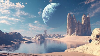 A surreal landscape with a giant blue moon