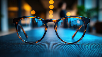 Tortoiseshell glasses on blue surface, stylish eyewear, blurred background with bokeh, fashionable accessory, close-up, modern glasses, classic frame, prescription or fashion