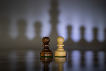 Chess pieces symbolize geopolitical and social relations. Their positions and shadows allow viewers...