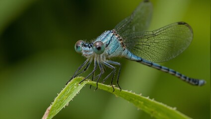 Iridescent blue damselfly on grass with transparent wings