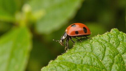Vivid red ladybug with glossy shell on green leaf