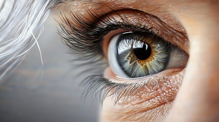   A close-up of a person's eye with white hair framing the iris