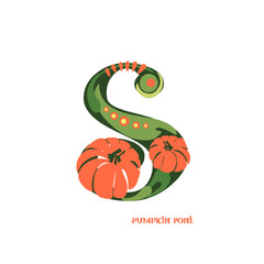 Decorative pumpkin font. Initial letter. Floral ornament. Typographic composition. Happy Halloween!