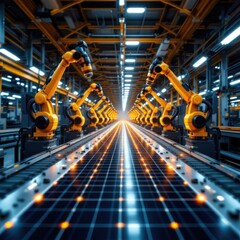Advanced High Precision Robot Arms on Fully Automated PCB Assembly Line Inside Modern Electronics Factory. Electronic Devices Production Industry. Component Installation on Circuit Board