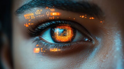 Close-up of futuristic digital eye with holographic interface, advanced AI technology, augmented reality, cyber eye detail, artificial intelligence concept, future science