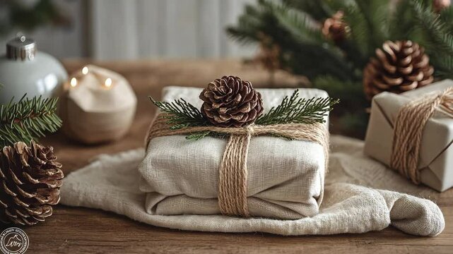 Wrapping Christmas gifts with eco-friendly materials like cloth wraps and natural twine, on a minimalist table. . Video