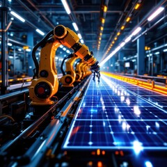 Advanced High Precision Robot Arms on Fully Automated PCB Assembly Line Inside Modern Electronics Factory. Electronic Devices Production Industry. Component Installation on Circuit Board