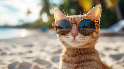 Cool cat wearing sunglasses on beach, summer vacation with stylish pet, relaxed feline with sunglasses, tropical setting, fun beach day, unique animal portrait