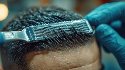 Close-up of barber combing and cutting client’s hair with clippers, precision hairstyling, barbershop, grooming, detailed styling, modern barber, men’s haircare, fashion, haircut