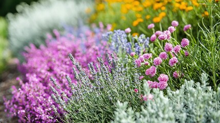 Obraz premium A garden bursting with diverse wildflowers, vibrant purples & yellows harmoniously coexisting