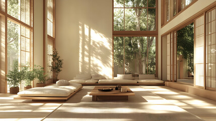 Japandi-style living room with natural wood accents and minimalist interior design, bathed in sunlight. high quality