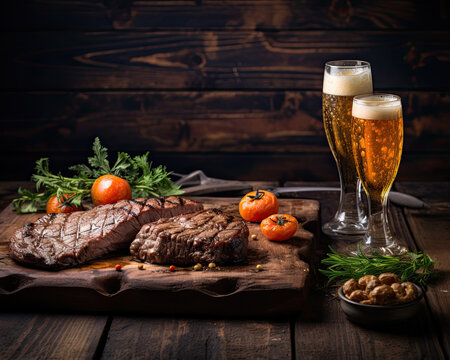 Grilled rump steak on a wooden board
