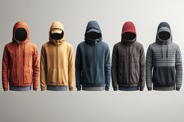 Mock-ups of seasonal clothing collections on mannequins depicting sweatshirts, jackets and hats for winter and fall, in different colors and patterns. Generative AI